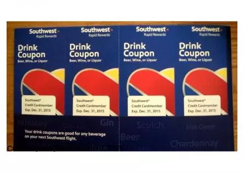 Lot of 4 Southwest Airlines Drink Coupons Expires December 31, 2015