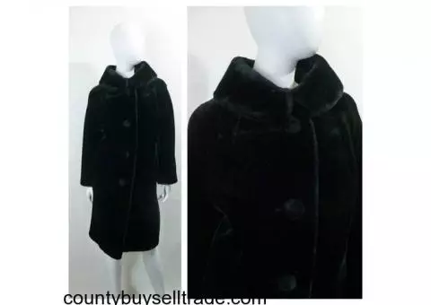 Vintage 1960s Black Plush Swing Coat/Faux Fur/Cowl Collar/Big Buttons! Size L!
